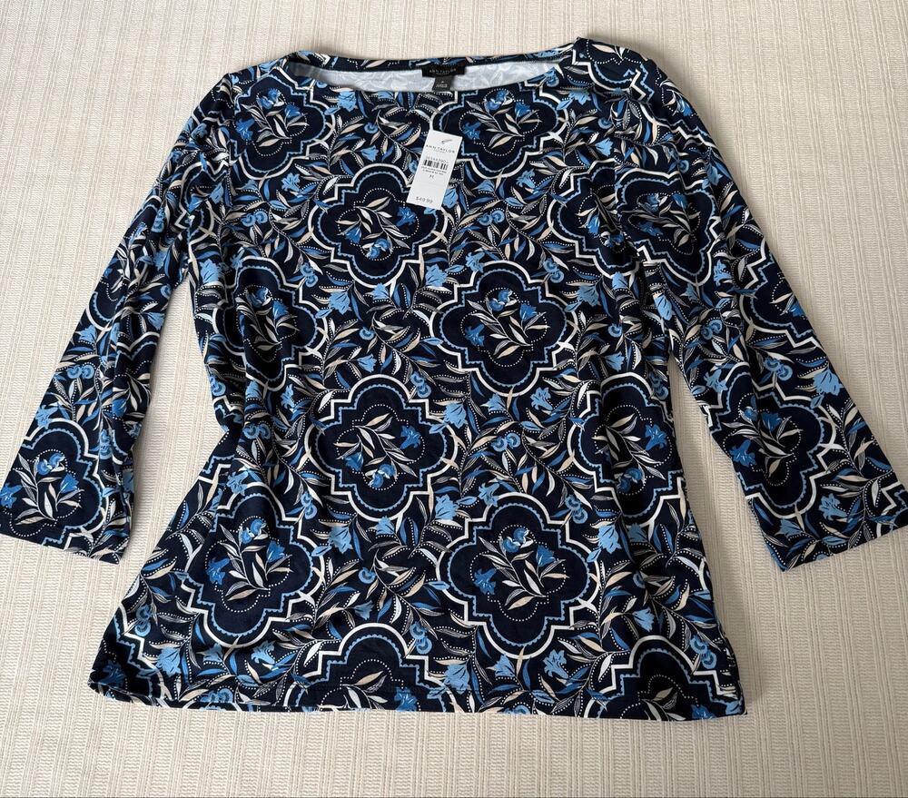 Ann Taylor Factory Blue Medallion Boatneck Top M NWT